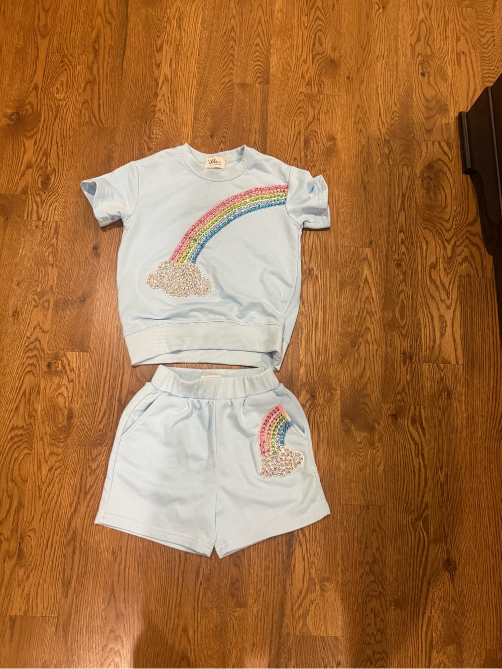 Lola + The Boys Light Blue Rainbow Sequin Short Pajama Set